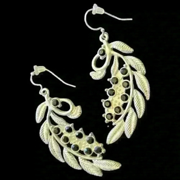 SILVER Branch Leaf Dangle Earring BLACK Stone Accents LIGHTWEIGHT - Picture 2 of 6
